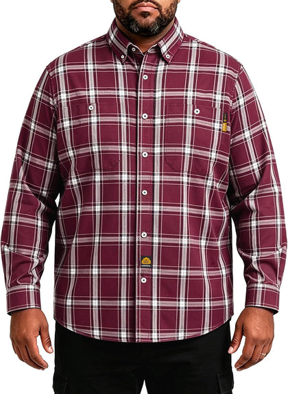 WORKWEYA Men's Flame Resistant Shirts 6.5oz Lightweight Plaid FR Button-Down Welding Shirts CAT2/NFPA2112 Wine Red