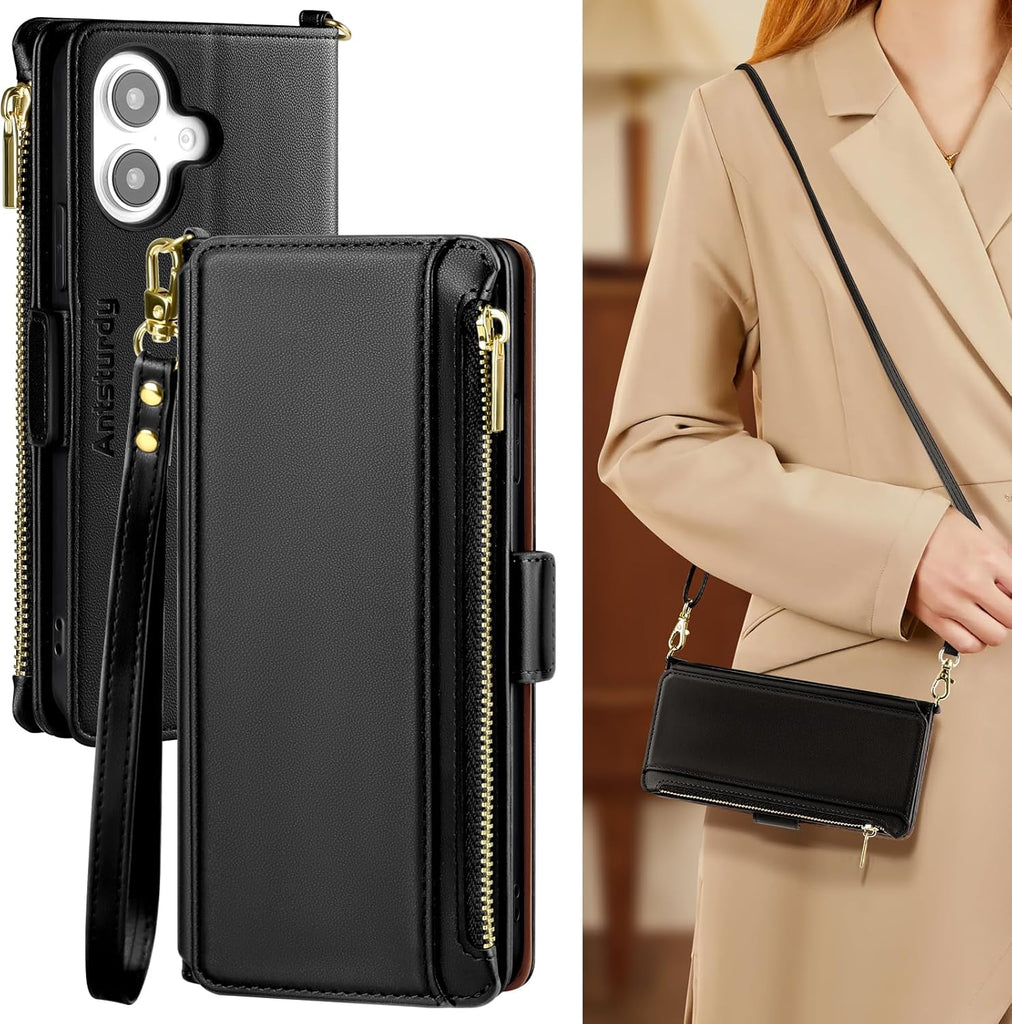 Antsturdy Crossbody Phone Wallet Case for iPhone 16,Black