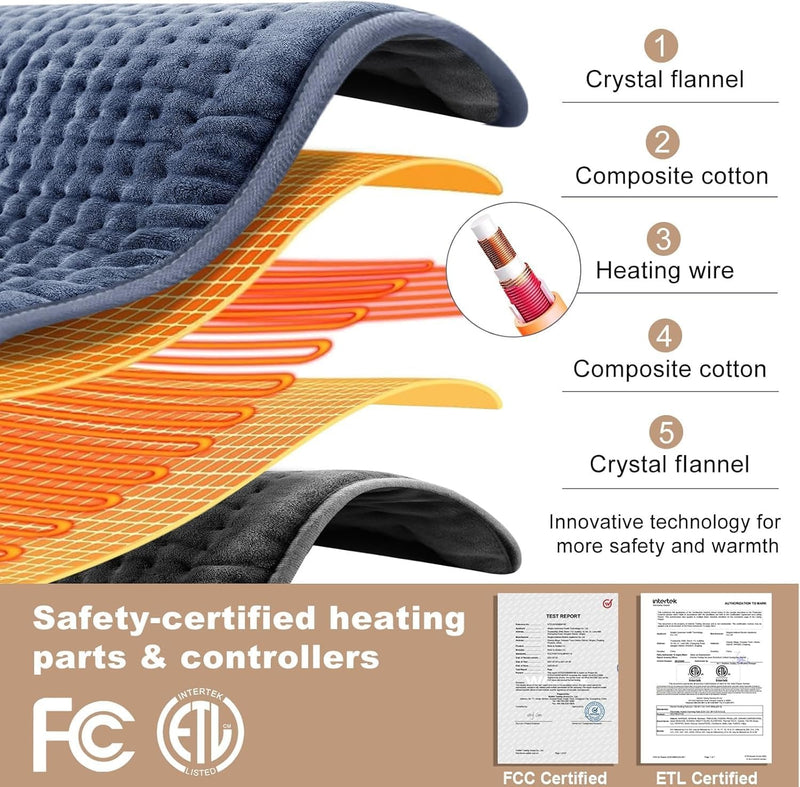VAAGHANM Almohadilla calefactora: 33 x 17 pulgadas almohadilla térmica eléctrica para espalda - Almohadilla térmica extra grande para hombro/cuello/rodilla/brazos - Temporizador mejorado de 6 y 6