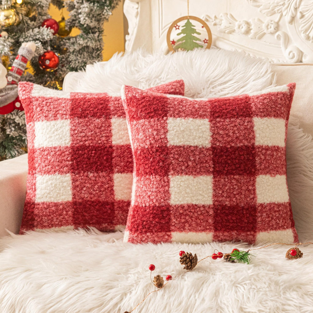 AQOTHES Red White Plaid Christmas Throw Pillow Covers 18x18 Inch Set of 2