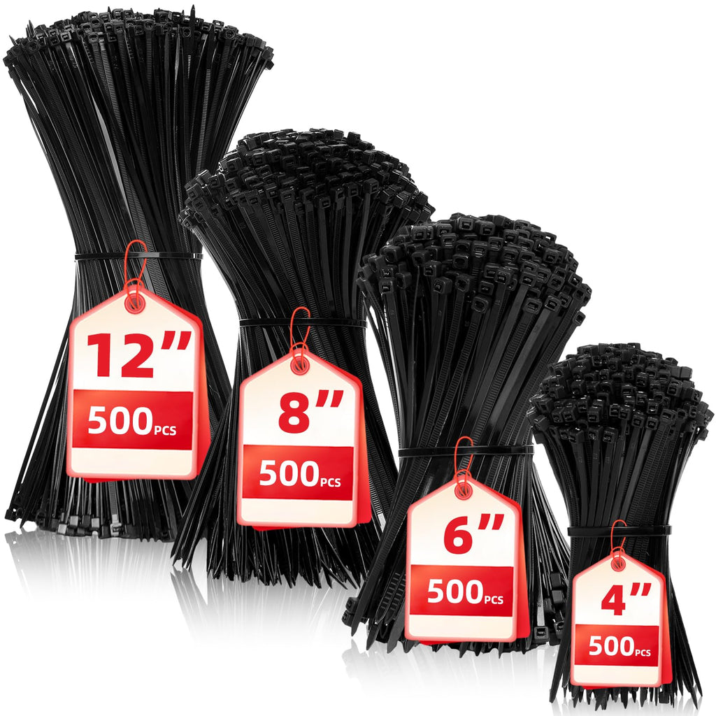 Zip Ties Assorted Sizes(4”+6”+8”+12”), 2000 Pack,Black Cable Ties,Multi-Purpose Self-Locking Nylon Cable Cord Management,Plastic Wire Ties for indoor and outdoor use.