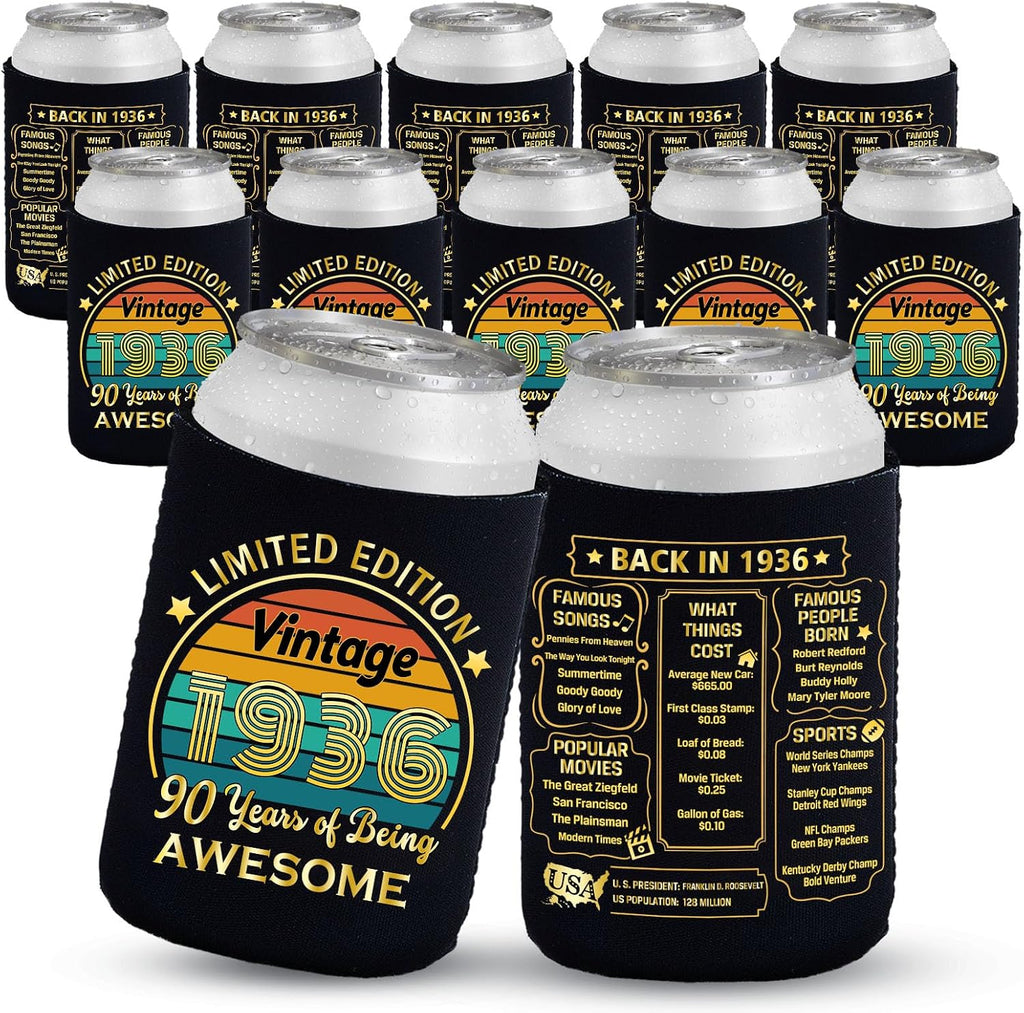 Yangmics 90th Birthday Can Cooler Sleeves Pack of 12-1936 Sign -90th Anniversary Decorations - Dirty 90th Birthday Party
