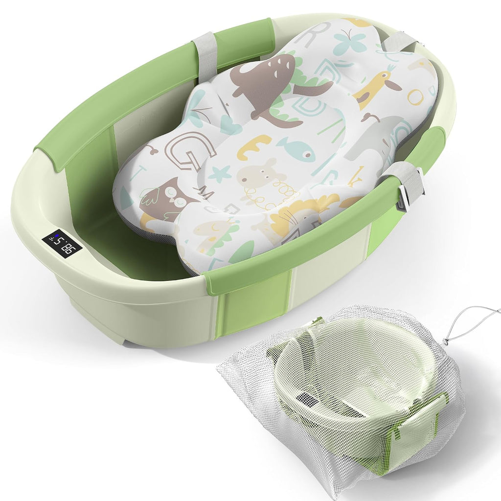 Spluvvly Bañera Plegable Grande para Bebé con Termómetro y Cojín Verde
