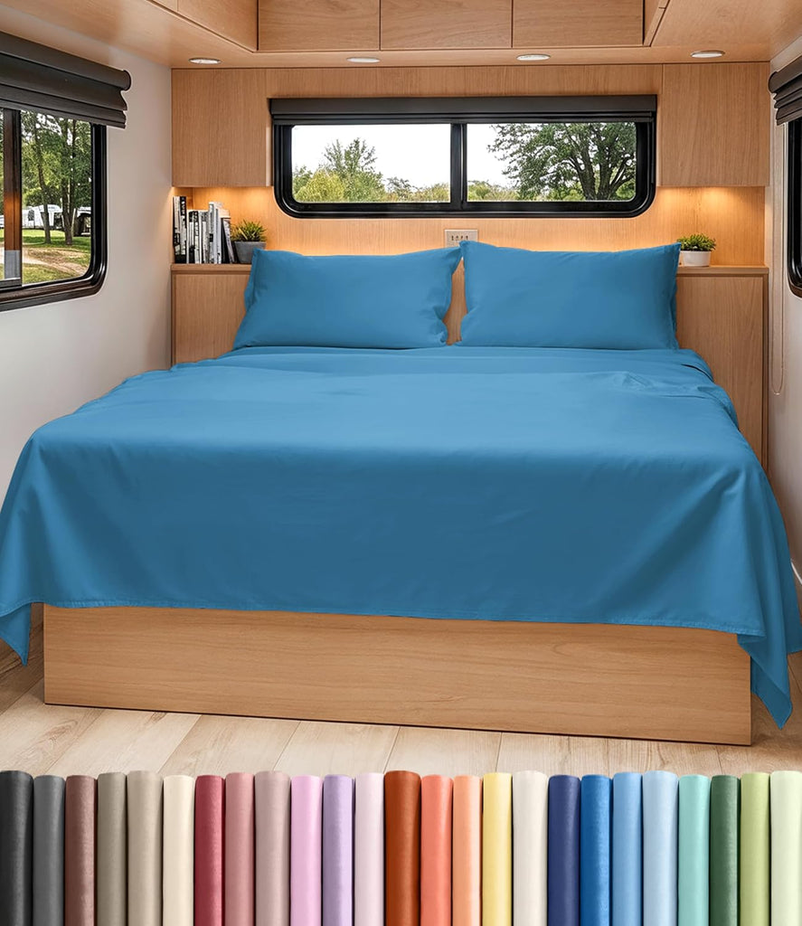 Short Queen Size 4 Piece Bed Sheet Set - RV Short Queen Sheets - Denim Blue