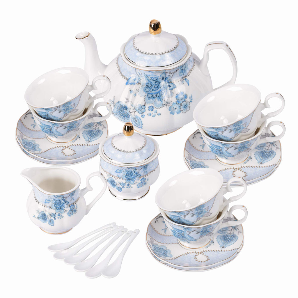 fanquare Blue Flowers Porcelain Tea Set Service for 6