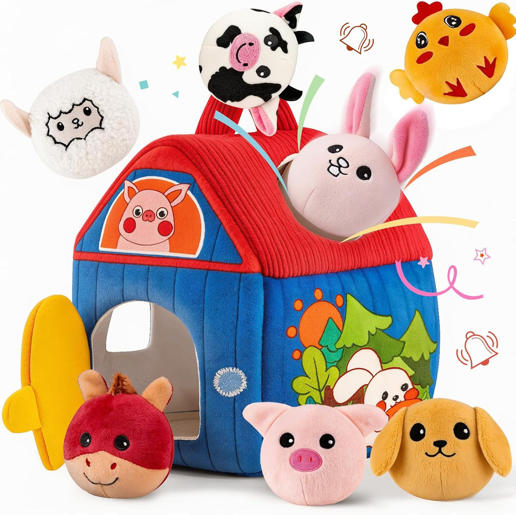 SAIMAND Montessori Farm Toy for Babies, Plush Barn with 7 Soft Animal Toys