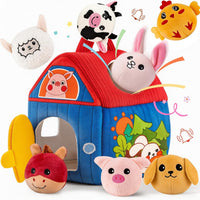 SAIMAND Montessori Farm Toy for Babies, Plush Barn with 7 Soft Animal Toys