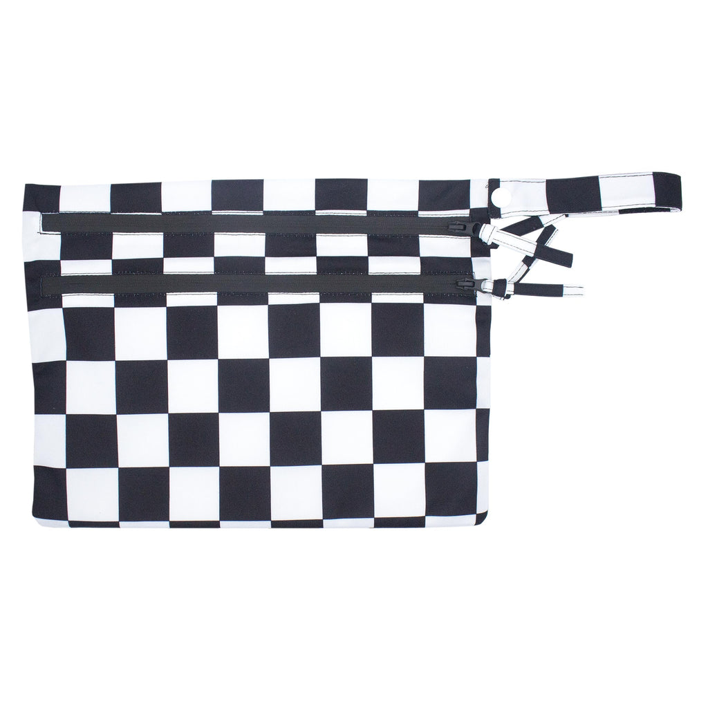 BapronBaby Black Checkerboard Wet Dry Bag - Waterproof Two Zipper Pockets - Reusable for Mealtime, Diapers, Stroller, Sn