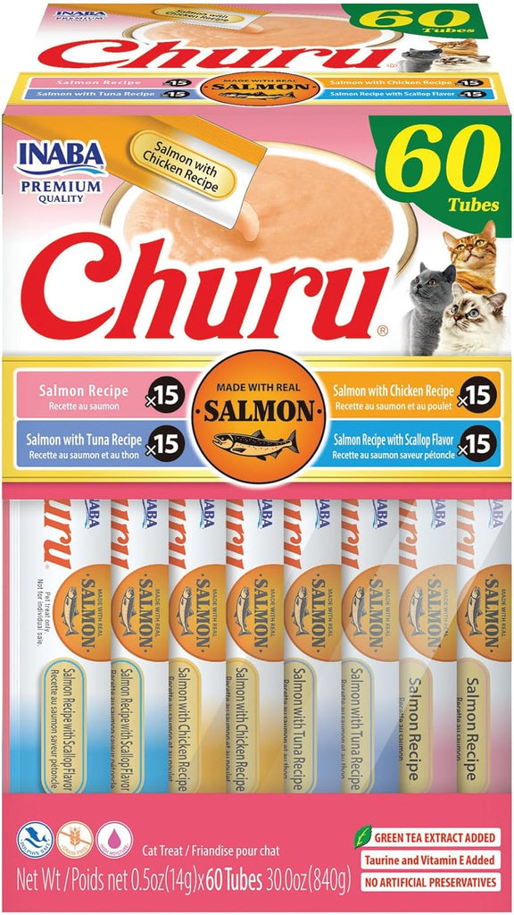 INABA Salmon Churu Cat Treats, Lickable, Squeezable Creamy Purée Cat Treat with Green Tea Extract & Taurine, 0.5 Ounces