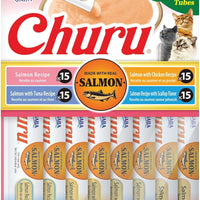 INABA Salmon Churu Cat Treats, Lickable, Squeezable Creamy Purée Cat Treat with Green Tea Extract & Taurine, 0.5 Ounces