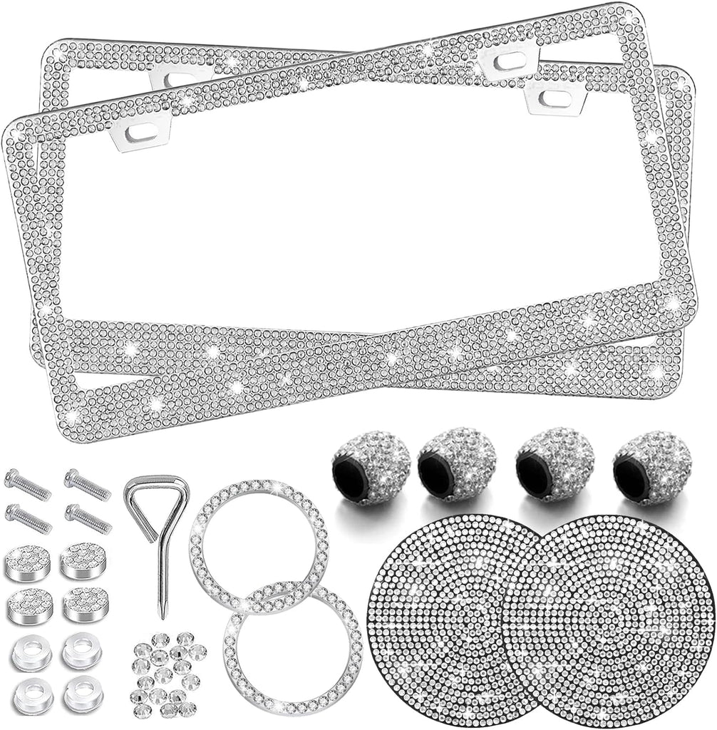 White Bling License Plate Frame 2 Packs Sparkly Rhinestone License Plate Holder Glitter Bedazzled Crystal Car License Pl