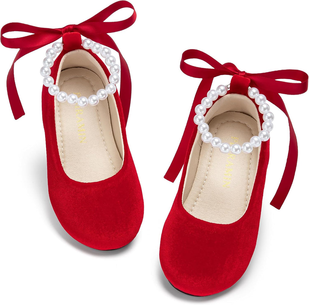 PHIRAMIN Toddler Flower Girl Velvet Red Dress Shoes - Little Girl Ballet Flats Size 13 Pearl Wedding Party