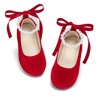 PHIRAMIN Toddler Flower Girl Velvet Red Dress Shoes - Little Girl Ballet Flats Size 11 Pearl Wedding Party
