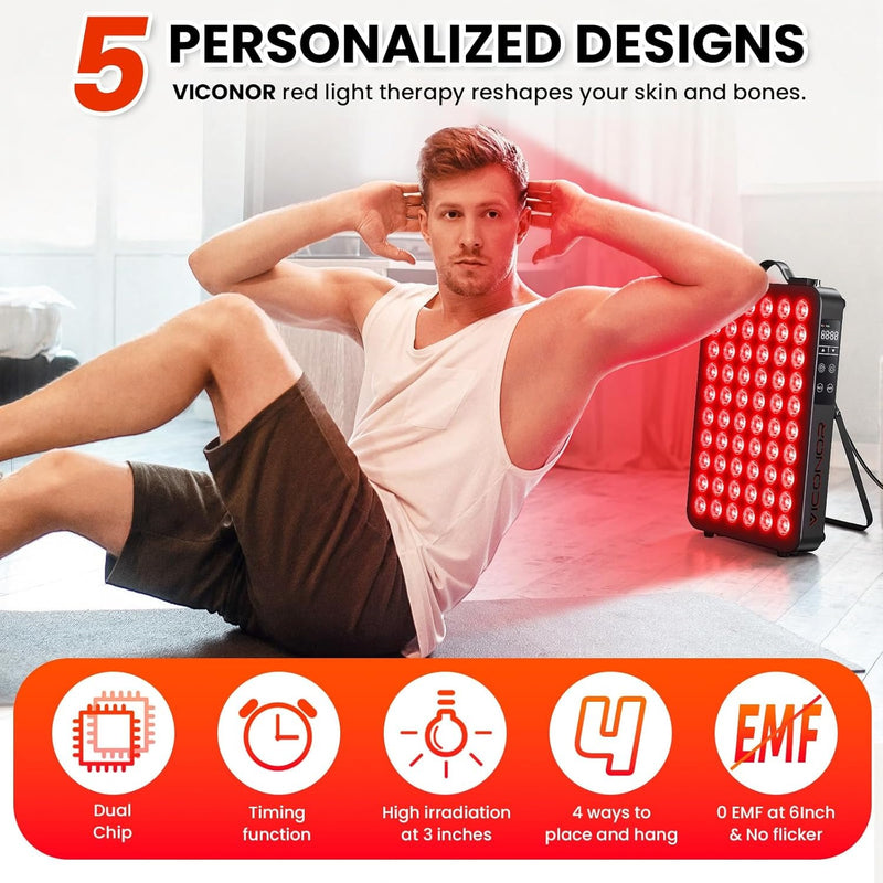 Viconor Terapia de luz roja para el cuerpo, panel de terapia de luz infrarroja cercana de 660nm 850nm, dispositivo de 60 LED de doble chip con 300W de potencia, ideal para el cuerpo, la cara, mejora e