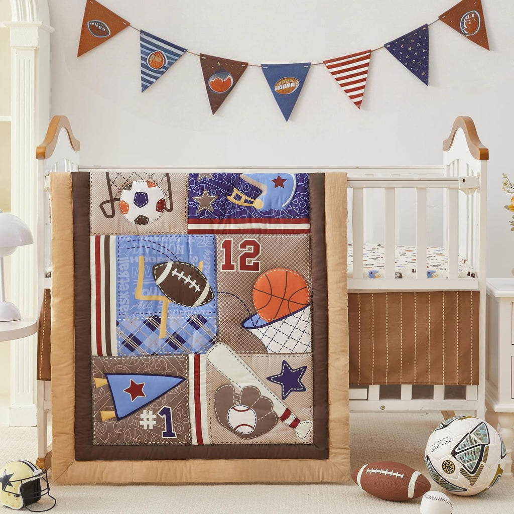 Wowelife Sports Crib Bedding Set for Boys, Premium 3-Piece Baby Bedding Set Brown Football Basketball Rugby Crib Bed Set Baseball Soft with Crib Comforter, Sheet & Crib Skirt, Brown