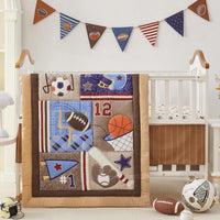 Wowelife Sports Crib Bedding Set for Boys, Premium 3-Piece Baby Bedding Set Brown Football Basketball Rugby Crib Bed Set Baseball Soft with Crib Comforter, Sheet & Crib Skirt, Brown