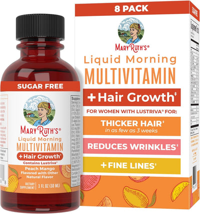 MARYRUTH'S Multivitamínico Líquido + Paquete de Viaje para el Crecimiento del Cabello | 8 ct | Biotina 10000mcg | Suplemento para el Crecimiento del Cabello Lustriva | Clínicamente Probado en Mujeres