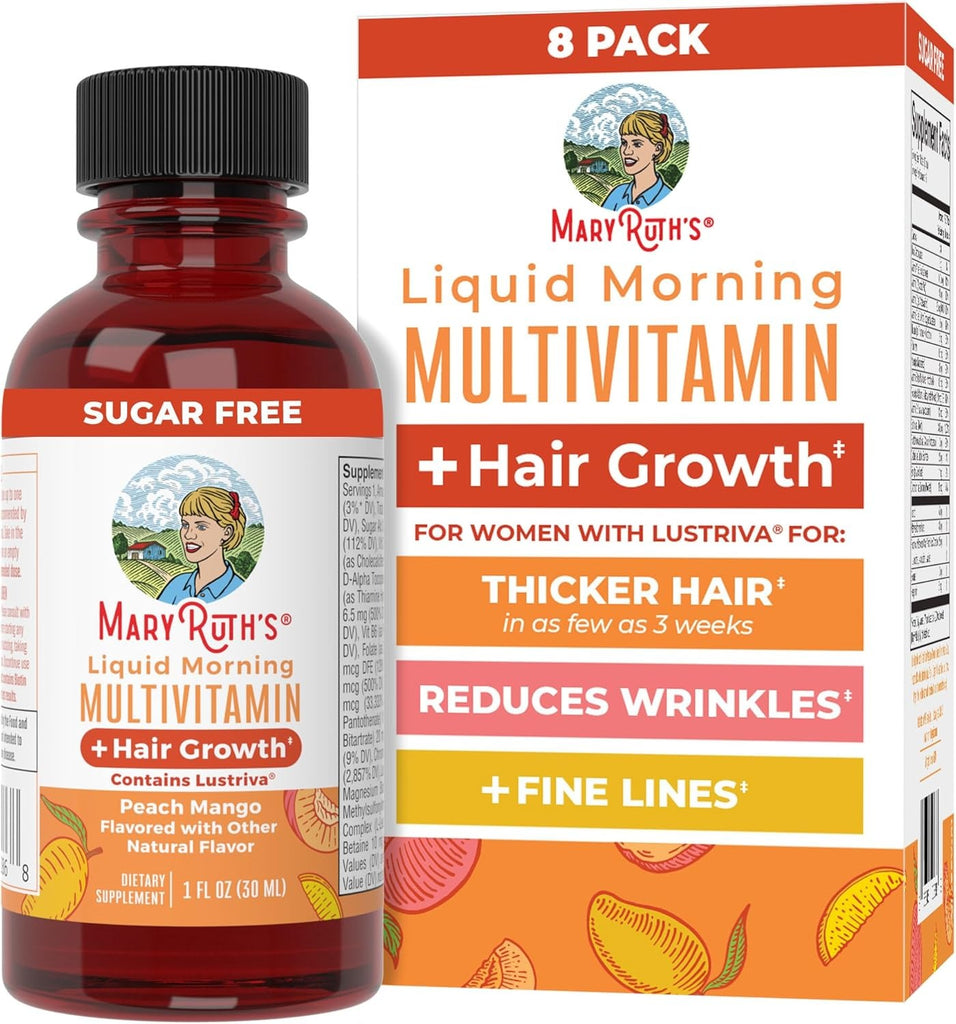 MARYRUTH'S Multivitamínico Líquido + Paquete de Viaje para el Crecimiento del Cabello | 8 ct | Biotina 10000mcg | Suplemento para el Crecimiento del Cabello Lustriva | Clínicamente Probado en Mujeres
