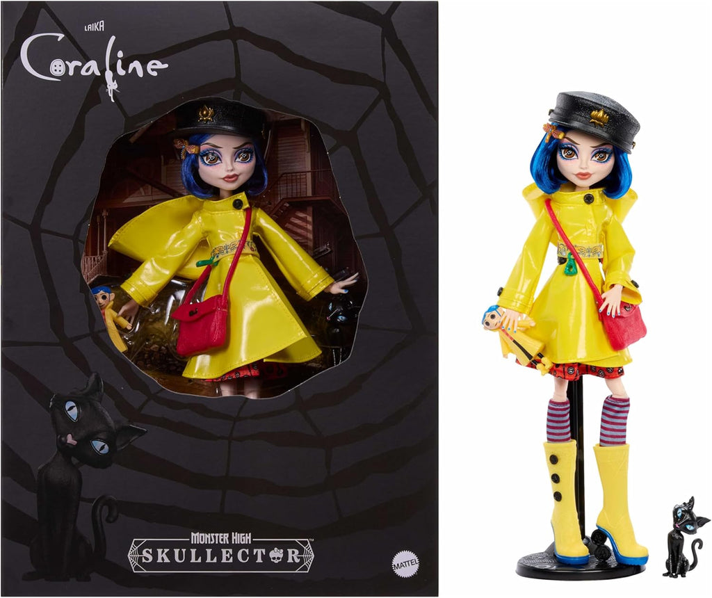 Monster High Skullector Doll, Coraline Collectible in Yellow Raincoat with Dress and Accessories Like Rag Doll, Cat Figure, and Doll Stand