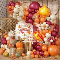 Fall Balloon Garland Arch Kit, Orange Wine Red Nude Sand White Gold Confetti Balloons with Leaf Foil Balloons for Thanks