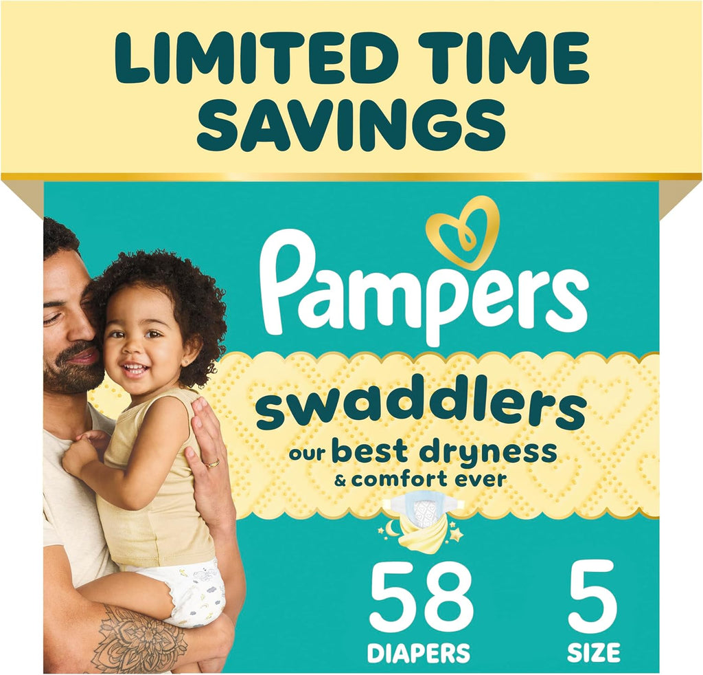 Pampers Swaddlers Diapers, Size 5 (20-37 lbs), 58 Count, Hypoallergenic, Absorbent, Keeps Baby Dry and Comfortable, Skin