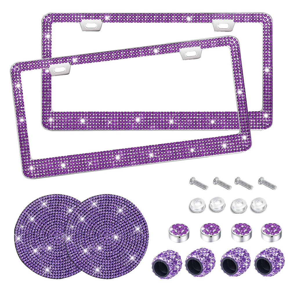 Purple Bling License Plate Frame 2 Packs Sparkly Rhinestone License Plate Holder Glitter Bedazzled Crystal Car License Plate Frame