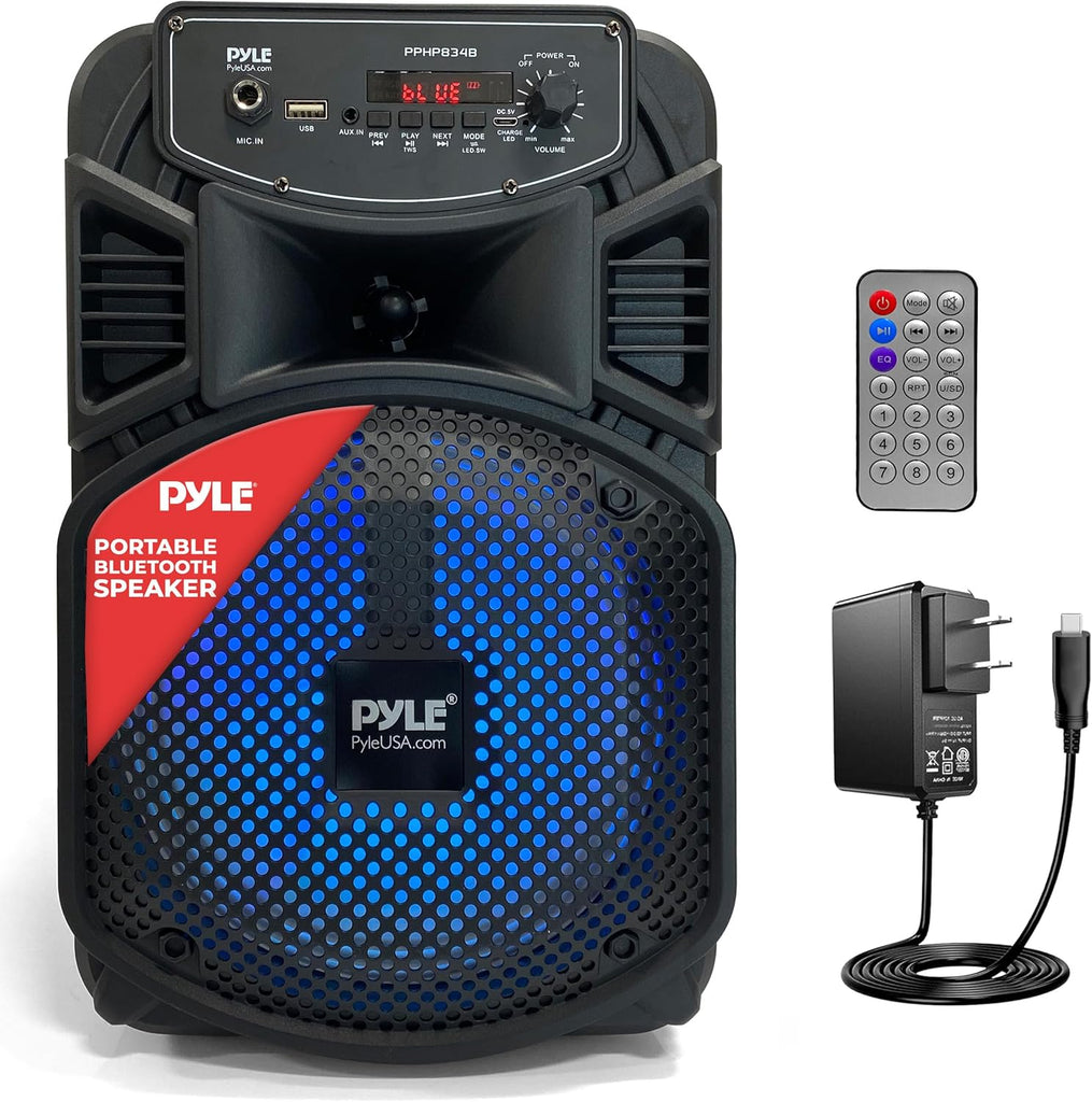 Pyle 8” Bluetooth Portable PA Speaker - 300W Karaoke Machine with Flashing LED Lights, Built-in Rechargeable Battery, FM