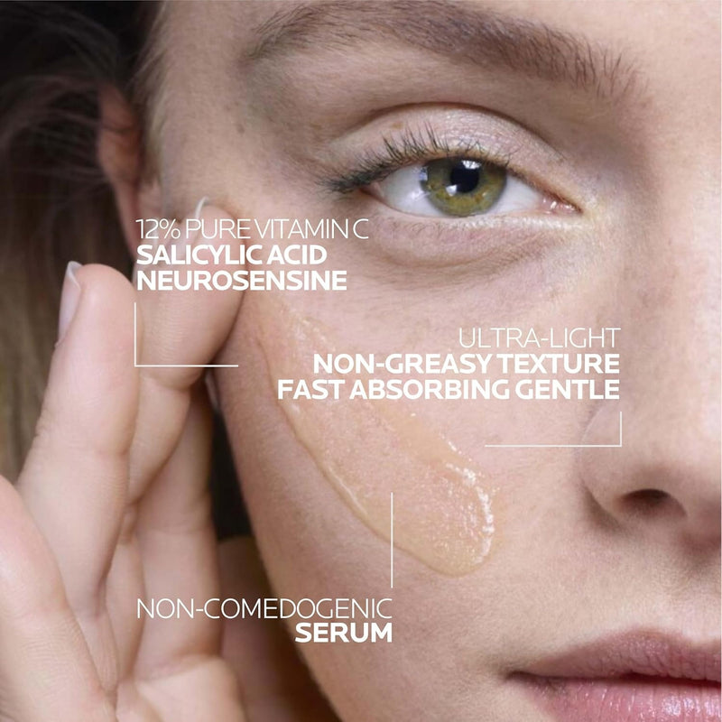 La Roche-Posay Suero puro de Vitamina C al 12% para cara con ácido hialurónico y ácido salicílico, suero facial hidratante, aumenta la luminosidad y reduce las arrugas, 2 fórmulas para piel normal