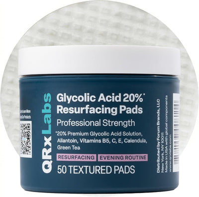 QRxLabs Almohadillas de ácido glicólico 20% rejuvenecedor para cara y cuerpo con vitaminas B5, C y E, té verde, caléndula, alantoína, exfolia la superficie de la piel y reduce las líneas finas