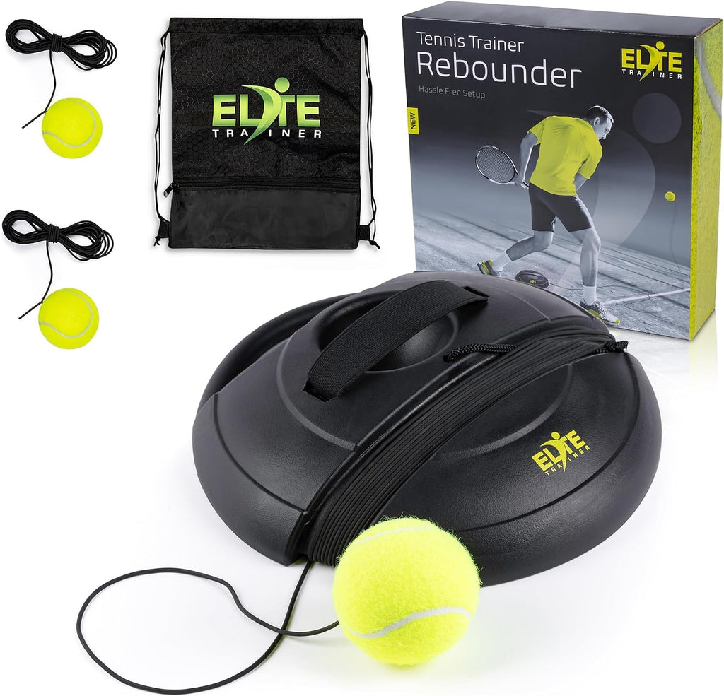 Elite Trainer Tennis Rebound Ball Set | Solo Practice Rebounder, No Filling Required, Heavy Duty Power Base | 3 Balls with String, Drawstring Bag | Training Equipment for Any Skill Level