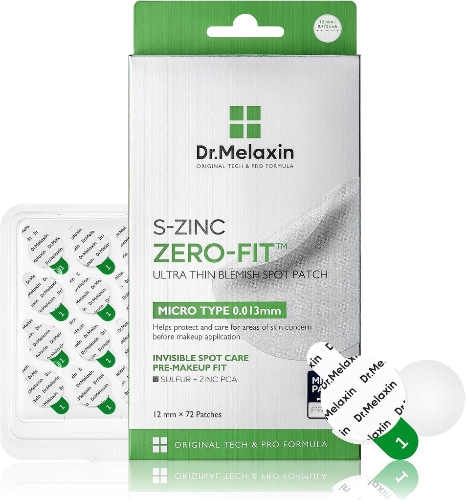 Dr.Melaxin S-ZINC ZERO-FIT Ultra Thin Blemish Spot Patch 0.013mm Invisible Pimple Stickers with Sulfur, Salicylic Acid, AHA & PHA, Seamless Under Makeup Face Cover, 12mm x 72 Patches