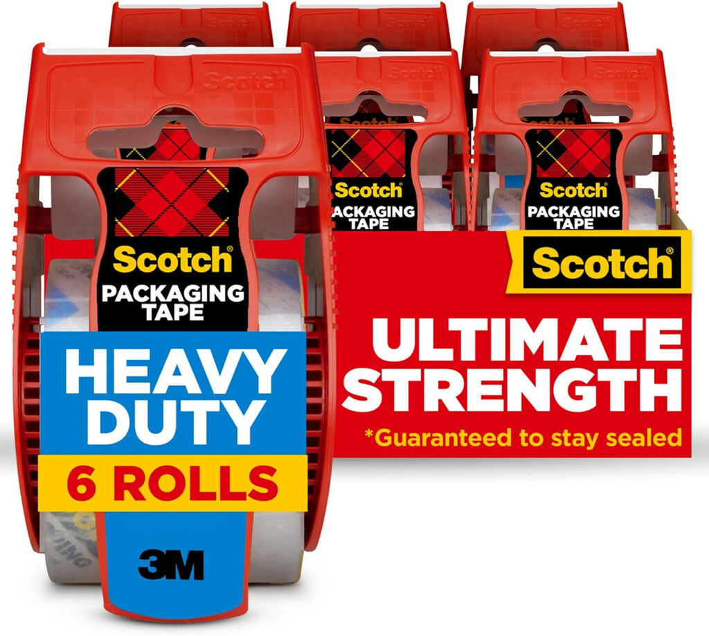 Scotch Heavy Duty Shipping Packaging Tape, Clear, Split-Resistant, 1.88 in x 27.7 yd per Roll (1000 inch), 6 Rolls, 6 Di