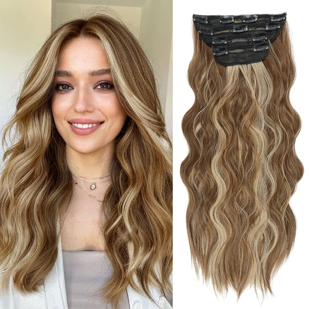Clip in Hair Extensions, 20 Inch Caramel Brown Mixed Honey Blonde Hair Extensions for Women 4PCS Long Wavy