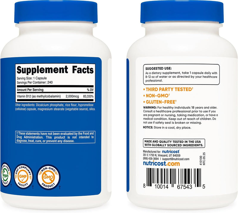 Vitamina B12, 0.00007 oz, 240 cápsulas, Nutricost
