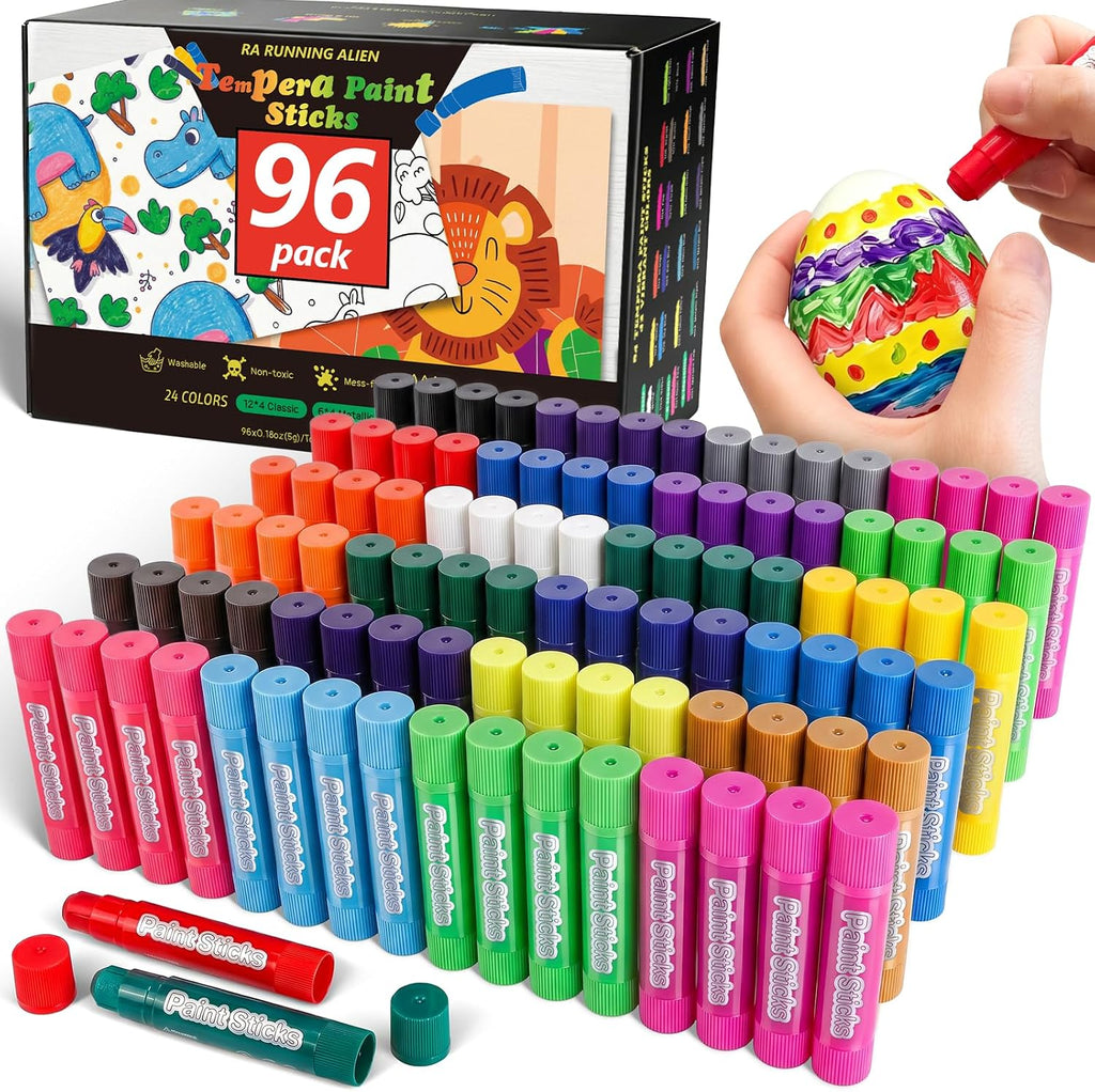 96 Pack Tempera Paint Sticks,24 Colors Non Toxic Solid Paint Sticks for Kids,No Mess,Quick Drying,Smooth and Washable To