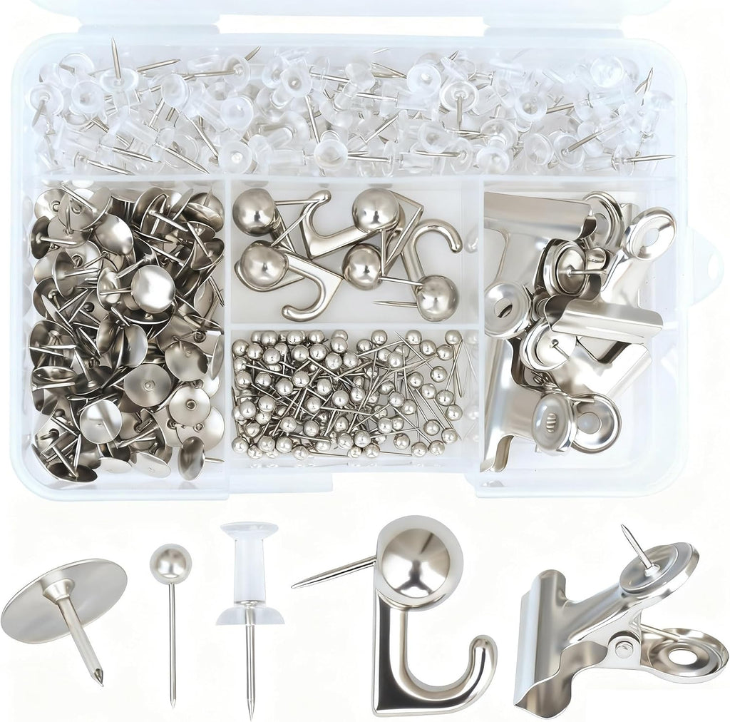 YOUDEFUL 310 Pcs Silver Push Pin Set with 5 Styles for Cork Board