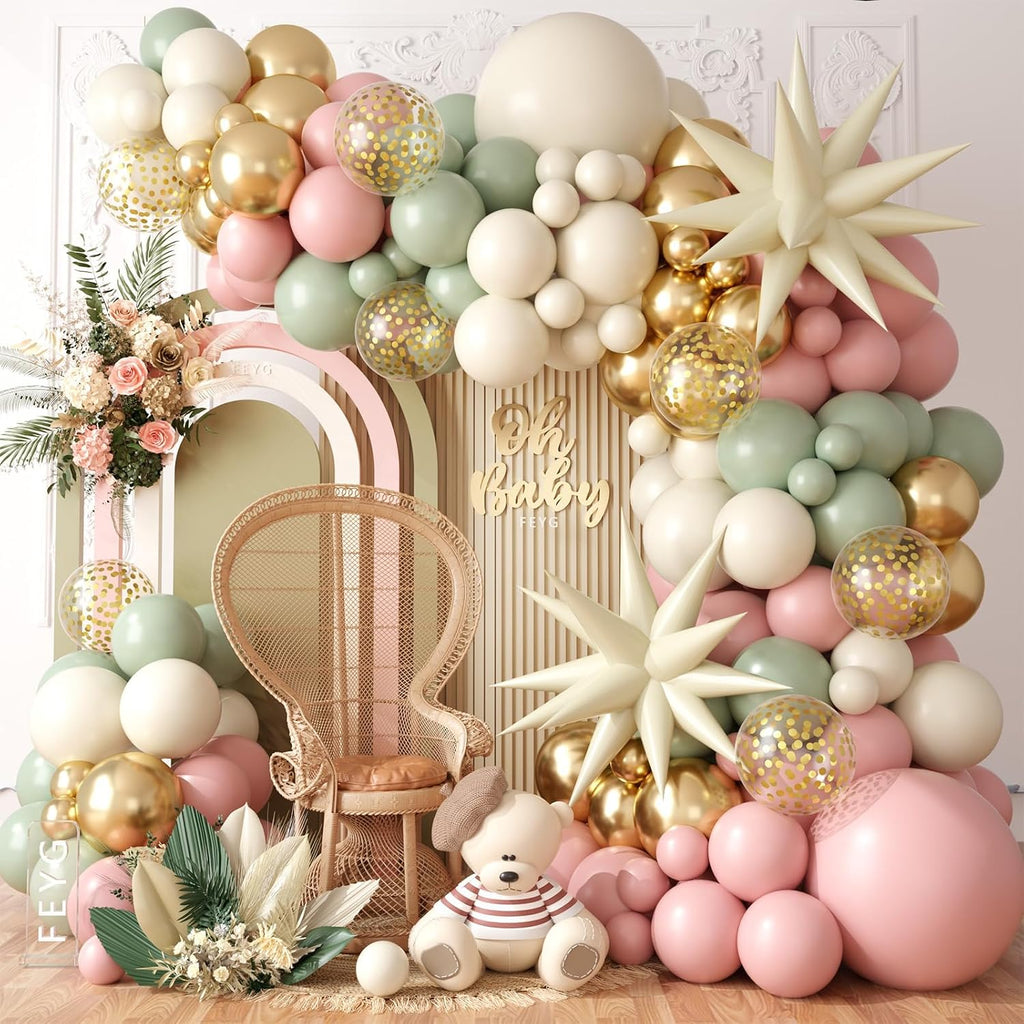 Sage Green Pink Balloon Garland Arch Kit, Sand White Beige Latex Party Balloons
