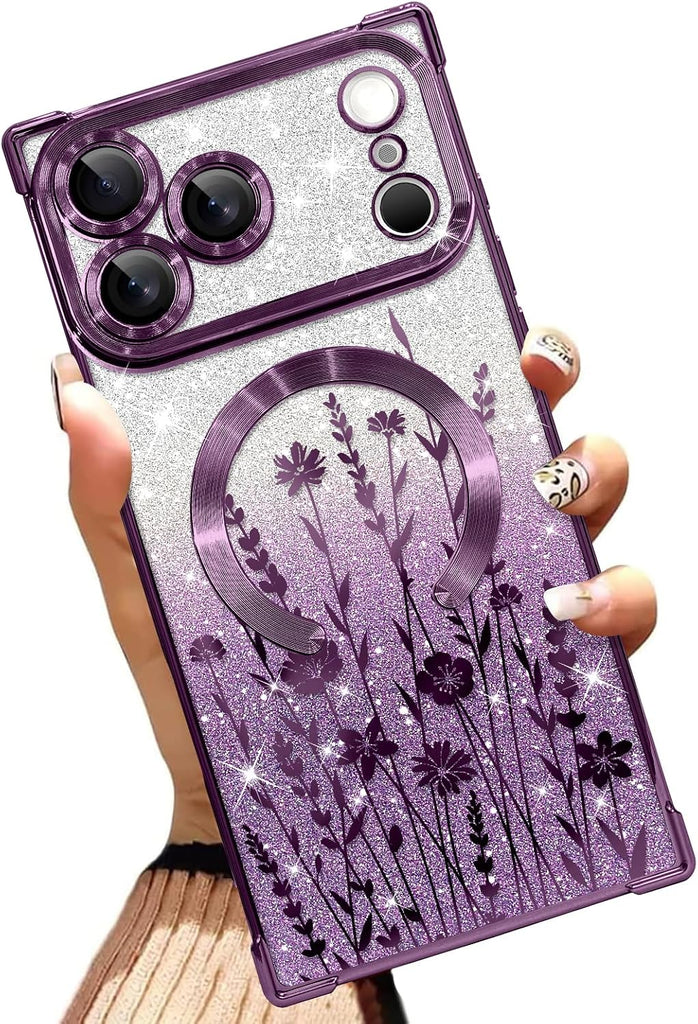 Illians Glitter Phone Case Made for iPhone 17 Pro 6.3 Inch, Purple Flowers