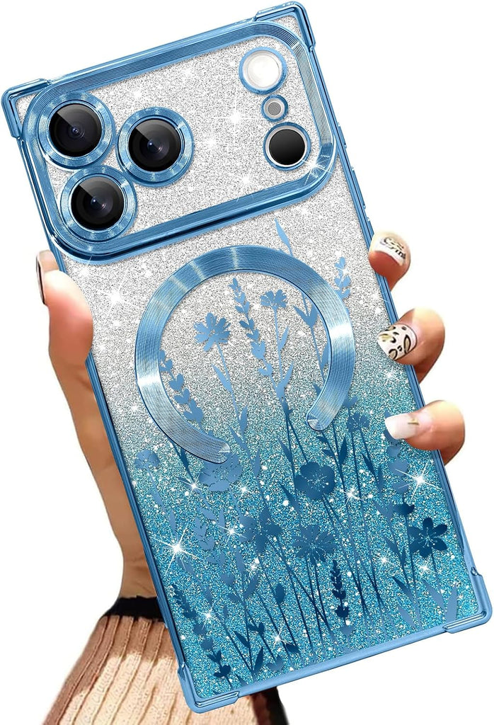 Illians Glitter Phone Case Made for iPhone 17 Pro 6.3 Inch, Blue Flowers
