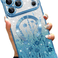 Illians Glitter Phone Case Made for iPhone 17 Pro 6.3 Inch, Blue Flowers