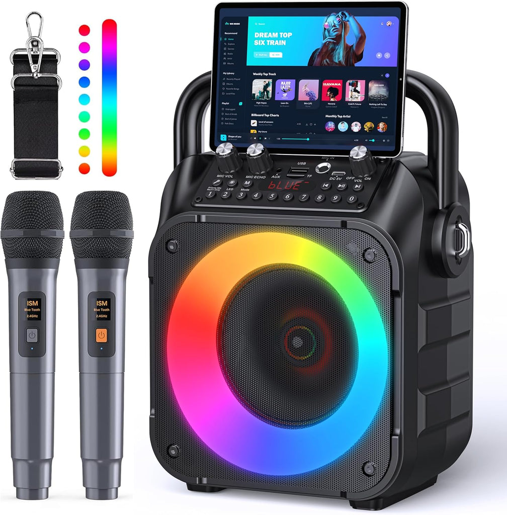 CYY Karaoke Machine, Portable Bluetooth Speaker with 2 Wireless Microphones