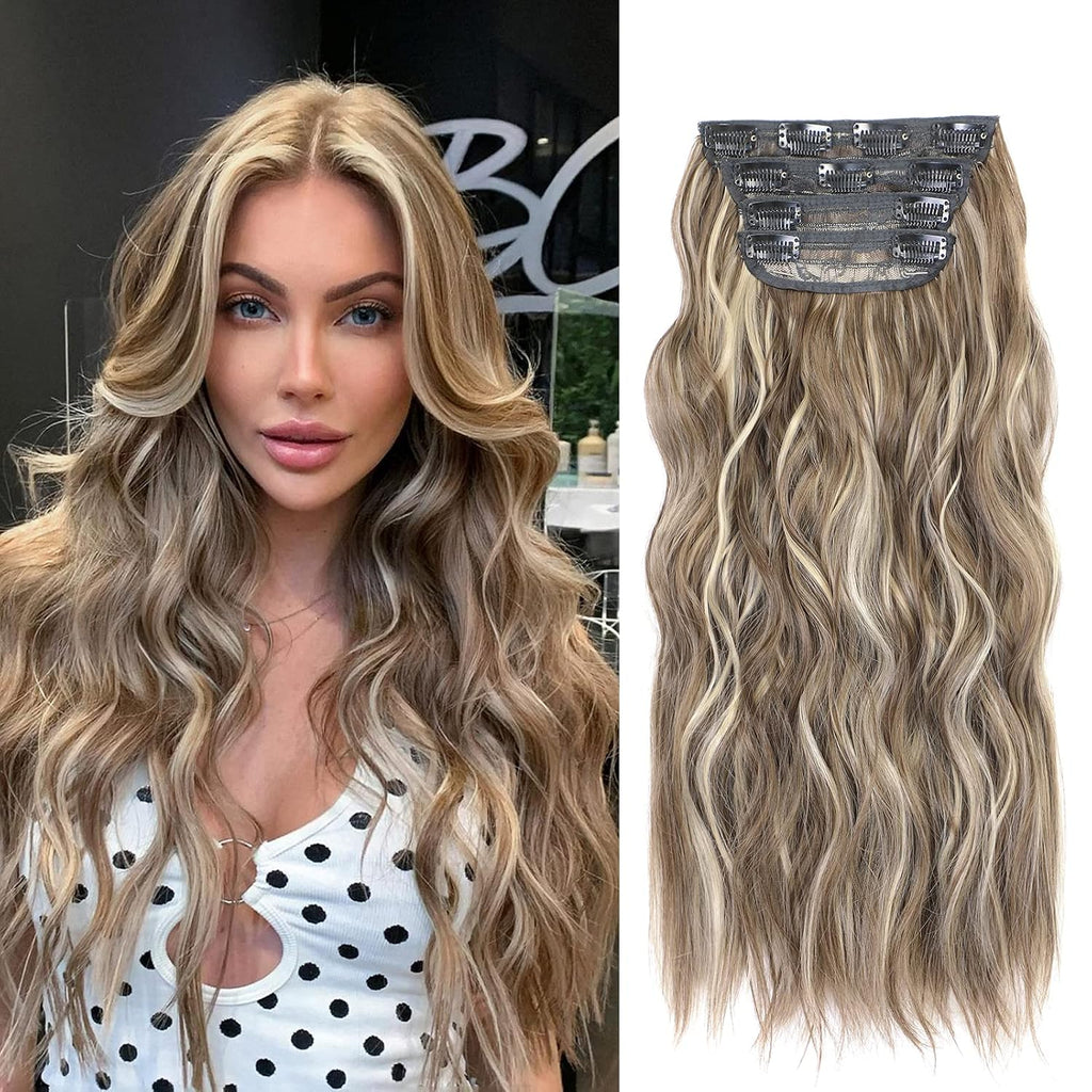 VERNA Clip in Hair Extensions, 20 Inch Long Wavy Balayage Dark Brown to Caramel Blonde Hair Extensions for Women 4PCS Cu