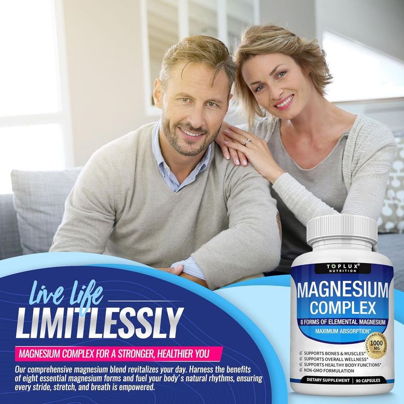 Toplux Complejo de magnesio Suplemento 8 Elemental 1000mg - Glicinato de magnesio, citrato, malato, taurato, quelado para una fácil absorción para huesos, músculos, recuperación, energía, vegano sin O