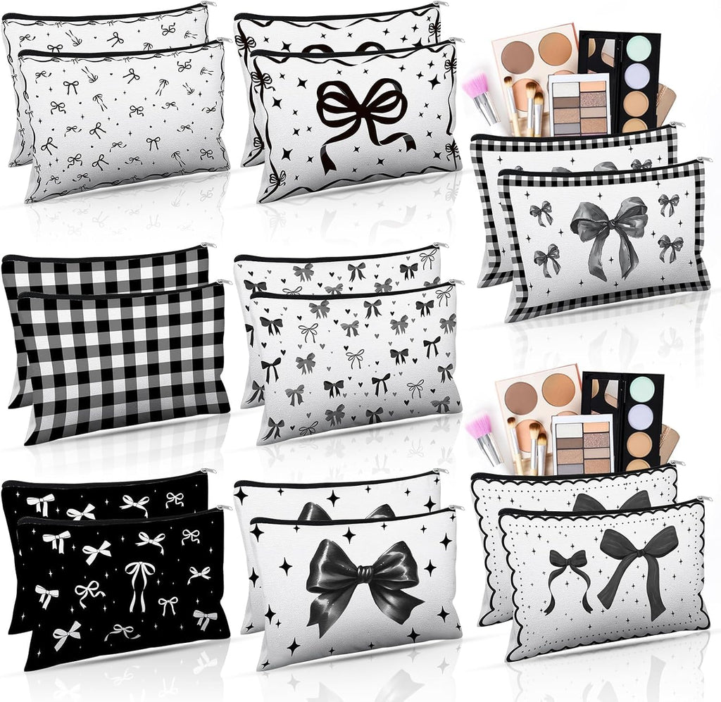 16 Pcs Bow Makeup Bags Bulk for Women Black Coquette Aesthetic Preppy Cosmetic Bags Bow Floral Canvas Toiletry Bags Aest