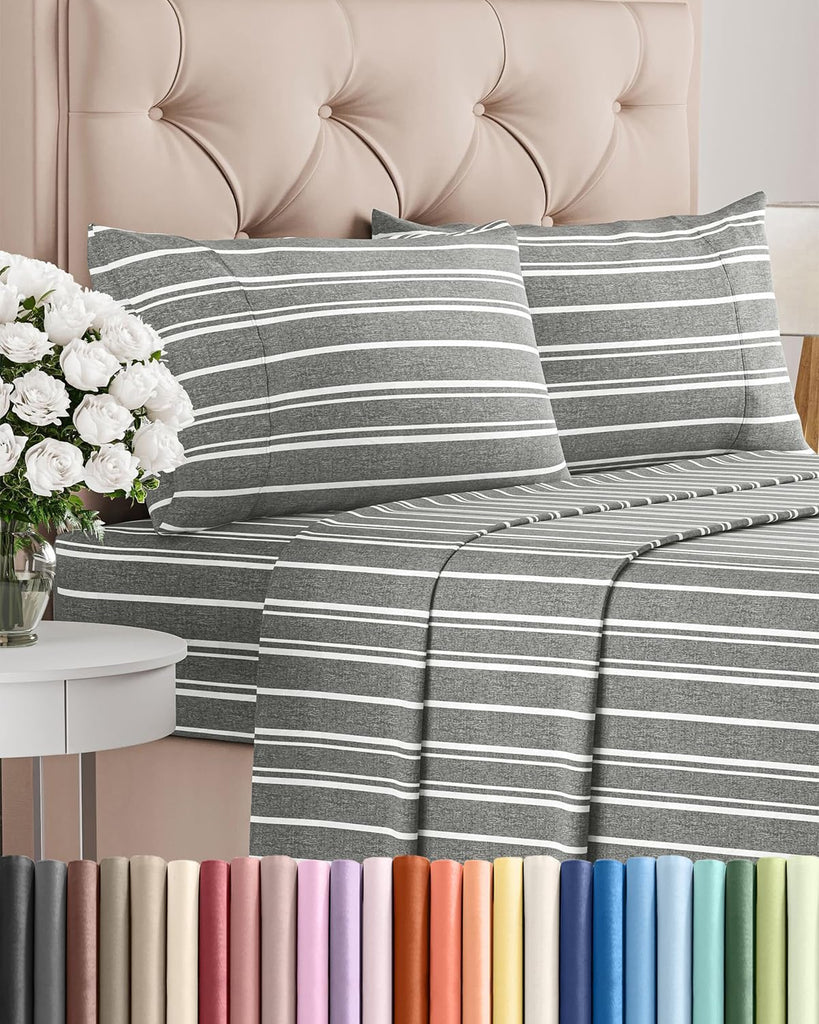 Queen Size 4 Piece Sheet Set - Breathable & Cooling Sheets - Grey Stripes