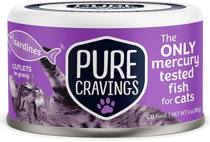Pure Cravings Wet Cat Food Canned Sardines Cutlets in Gravy, Every Catch is Mercury-Tested, Moist Can Fish for Cats, Grain-Free, Protein, Non-GMO, Pack of 12