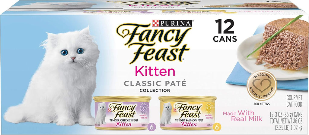 Purina Fancy Feast Grain Free Pate Wet Kitten Food Variety Pack, Kitten Classic Pate Collection Chicken & Salmon - (2 Pa