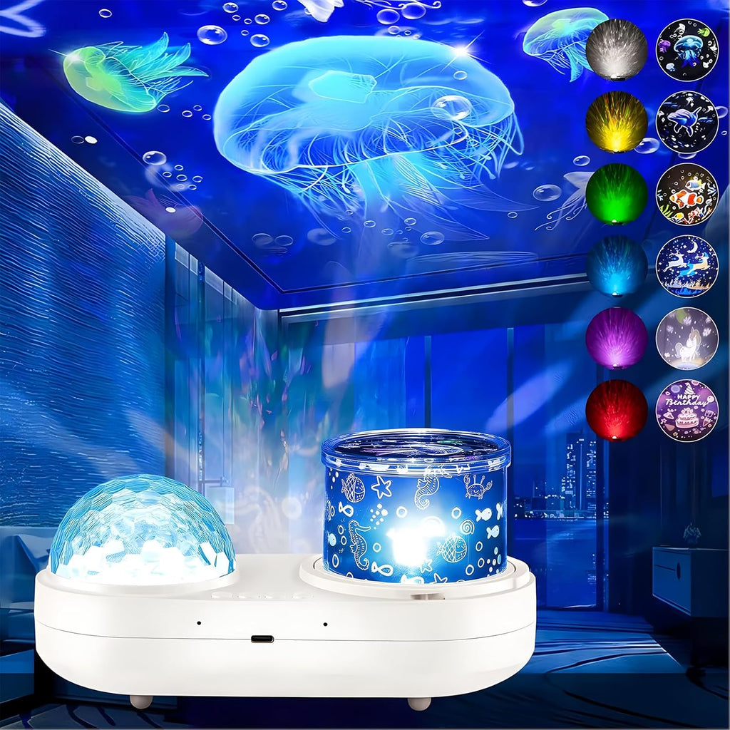 Ocean Kids Night Light Projector,360°Rotating Jellyfish Lamp Projector with 7 Films & Timer Sensory Lights,Baby Toddler