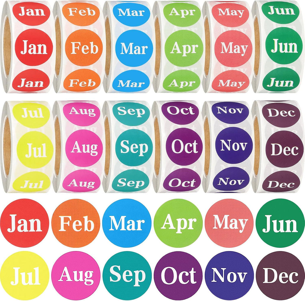 Zonon 12 Rolls 6000 Labels Round Month Stickers, 1 Inch 12 Months of The Year Labels Monthly Adhesive Sticker Color Codi