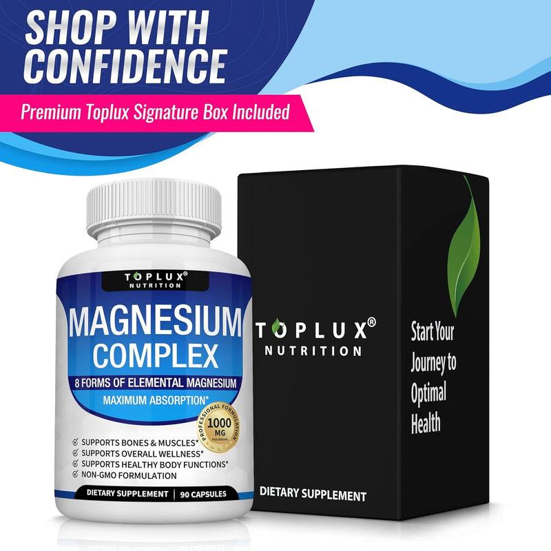 Toplux Complejo de magnesio Suplemento 8 Elemental 1000mg - Glicinato de magnesio, citrato, malato, taurato, quelado para una fácil absorción para huesos, músculos, recuperación, energía, vegano sin O